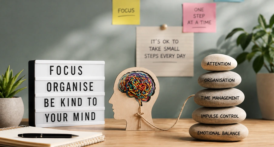 ADHD symptoms affecting attention, organisation and daily life in adults and children