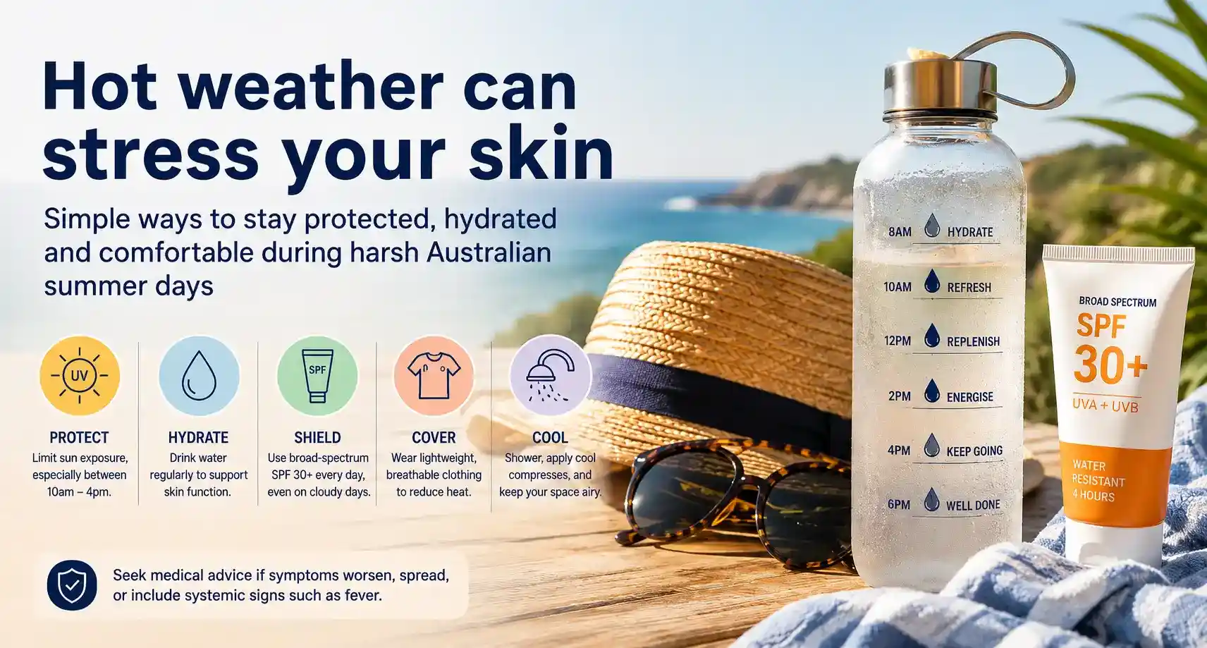Australian summer skin survival guide showing how to support skin health during heat, rashes and dehydration.
