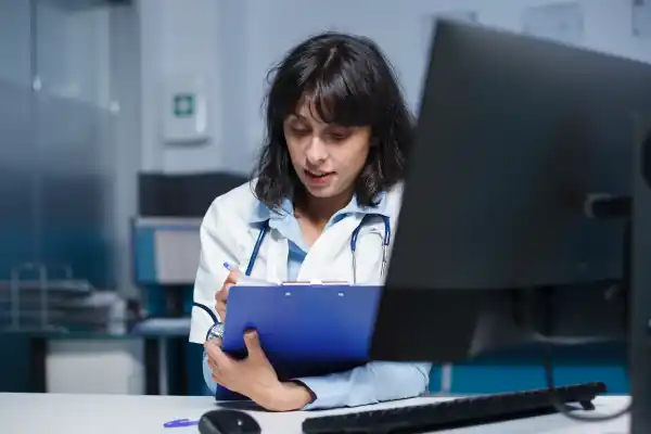 Pharmacist reviewing an electronic prescription on a computer to check patient details and prevent administrative errors in Australia