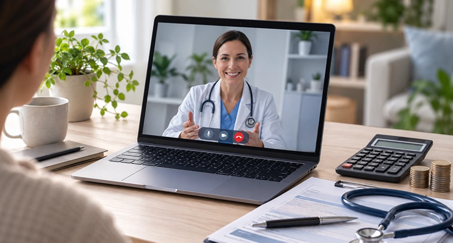 Patient discussing specialist fees, Medicare bulk billing and gap payments during a telehealth consultation