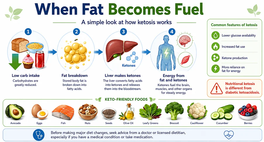 The ketosis process shows the body using fat and ketones for energy
