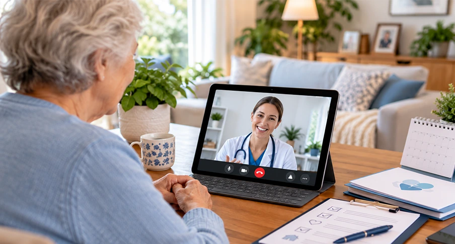 Older Australian adult discussing My Aged Care referral and assessment options with a healthcare professional