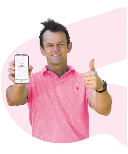 Adam Gilchrist pointing at smartphone showing Prime Medic telehealth consultation app