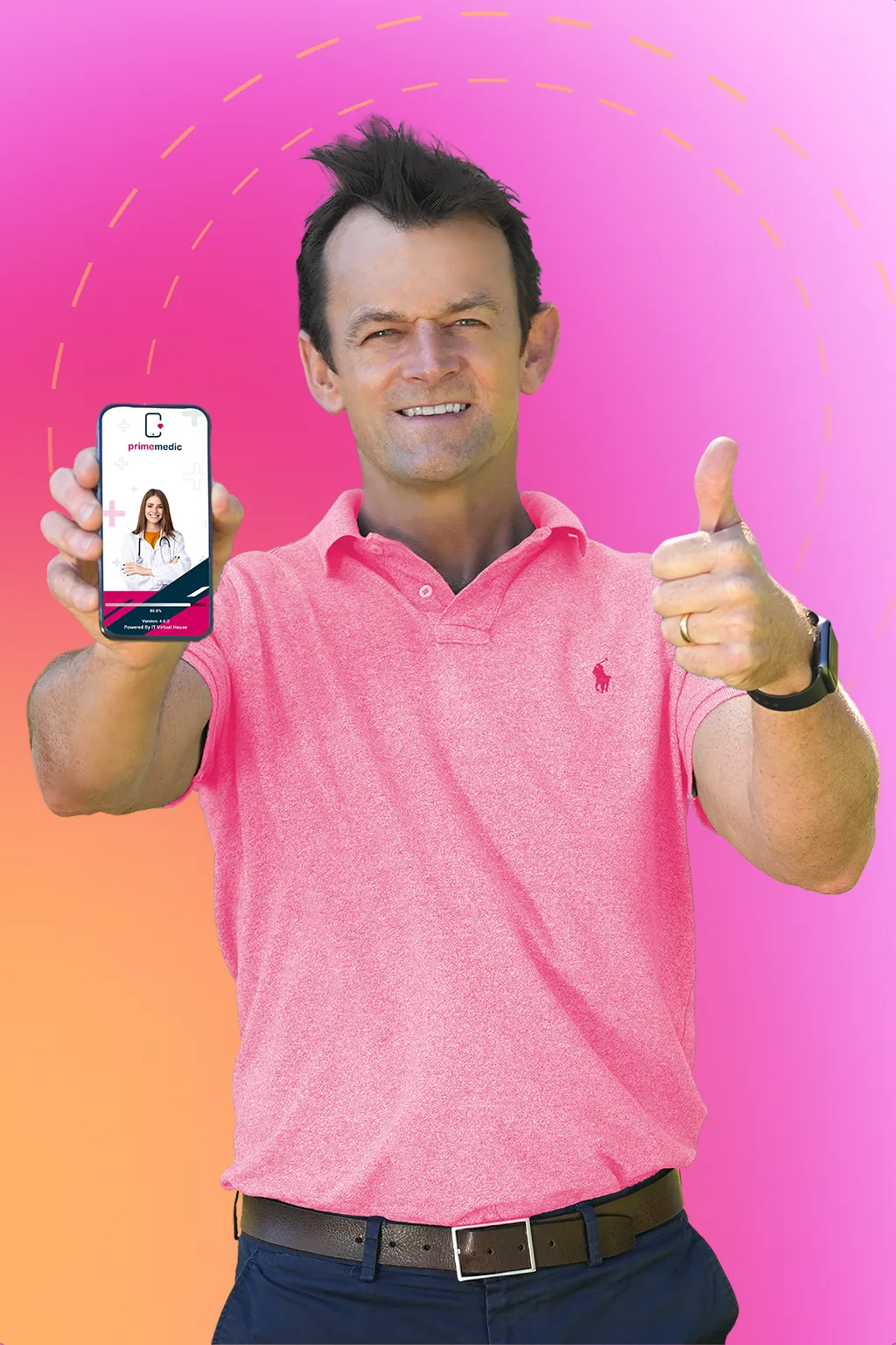 Adam Gilchrist pointing at smartphone showing Prime Medic telehealth consultation app