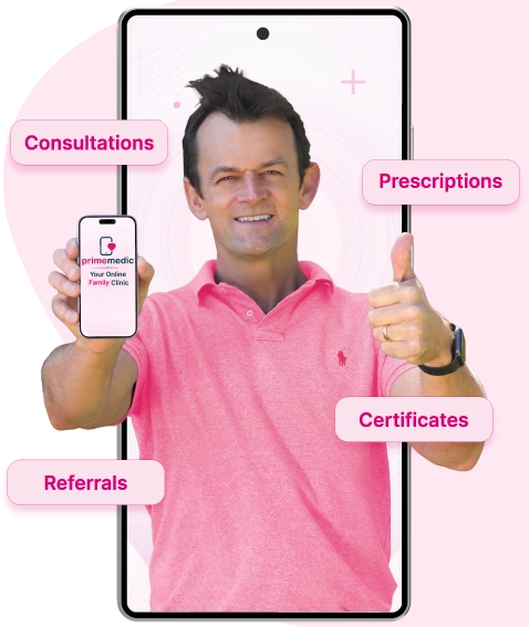 Adam Gilchrist pointing at smartphone showing Prime Medic telehealth app
